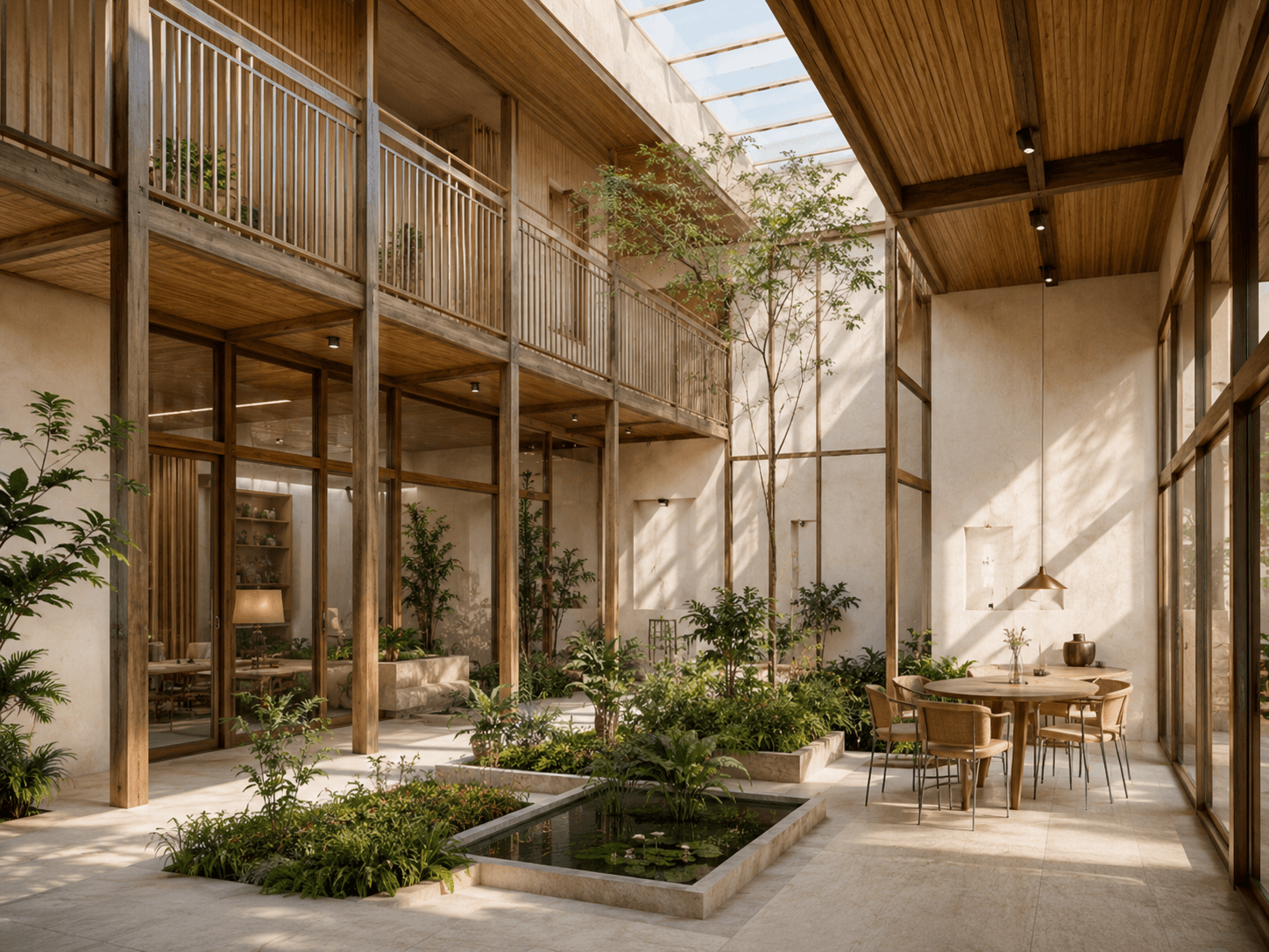 Illustration conceptuelle d'un patio intérieur en bois et pierre, baigné de lumière naturelle.
