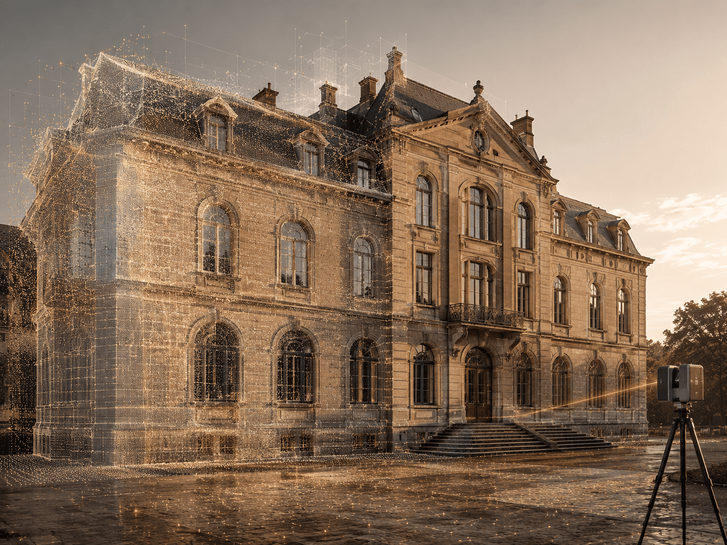 Bâtiment patrimonial relevé au scanner laser, nuage de points superposé à la façade au lever du jour.