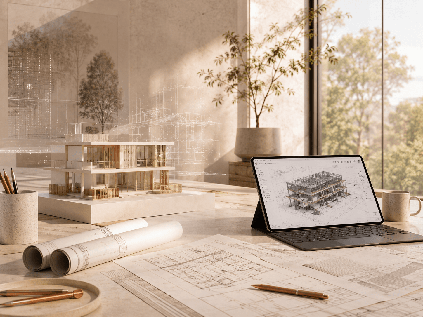 Bureau d'architecte lumineux : maquette physique, tablette affichant une maquette BIM et silhouette d'un bâtiment en nuage de points.