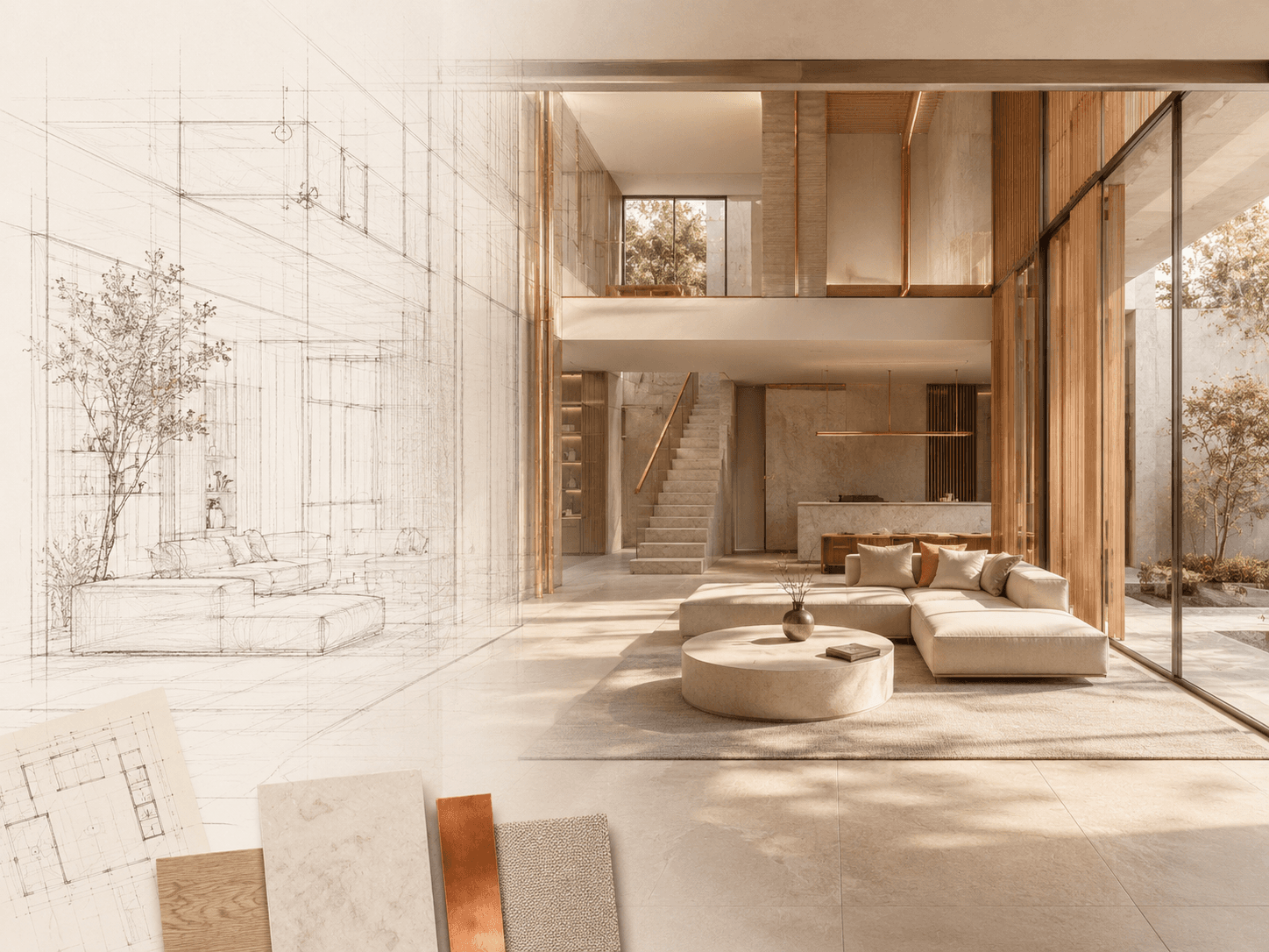 Illustration conceptuelle mêlant esquisse architecturale et intérieur minéral baigné de lumière.