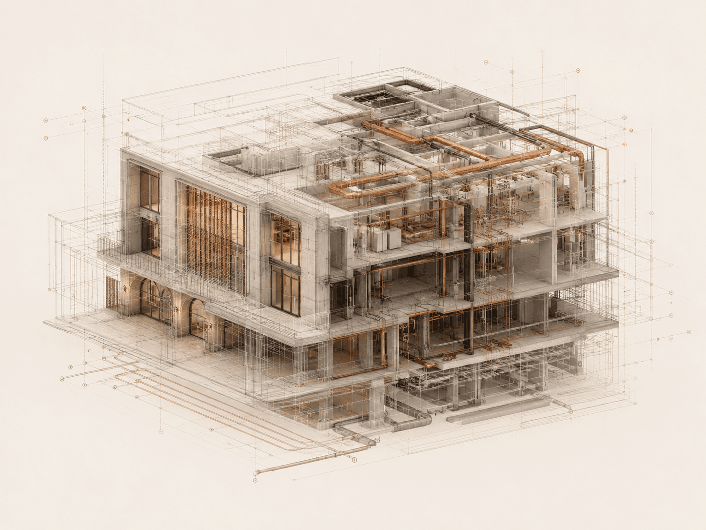 Maquette BIM filaire d'un bâtiment montrant la structure et les réseaux techniques.